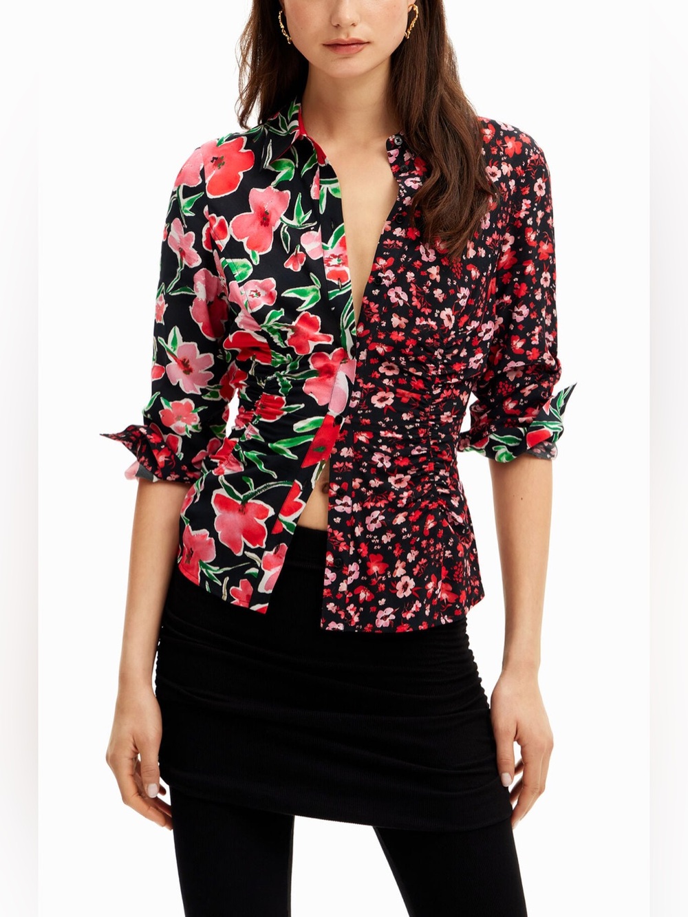 Desigual Mixed Floral Ruched Button Front Blouse Top L